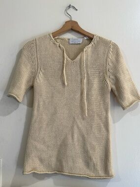 Barneys New York Cream Knit Short-Sleeve Pullover with Tie Neck